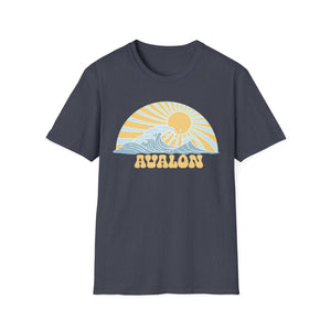 Navy blue t-shirt with a sunset and wave design and 'Avalon' text on a white background