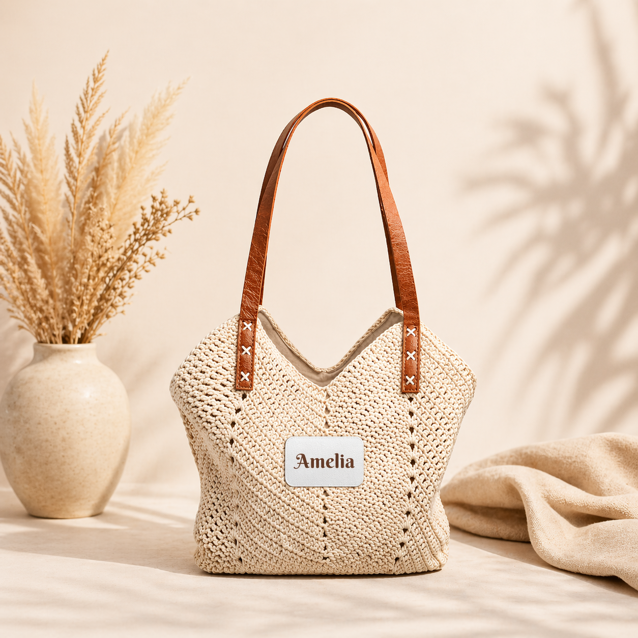 Personalized Straw Shoulder Bag — Custom Name Patch