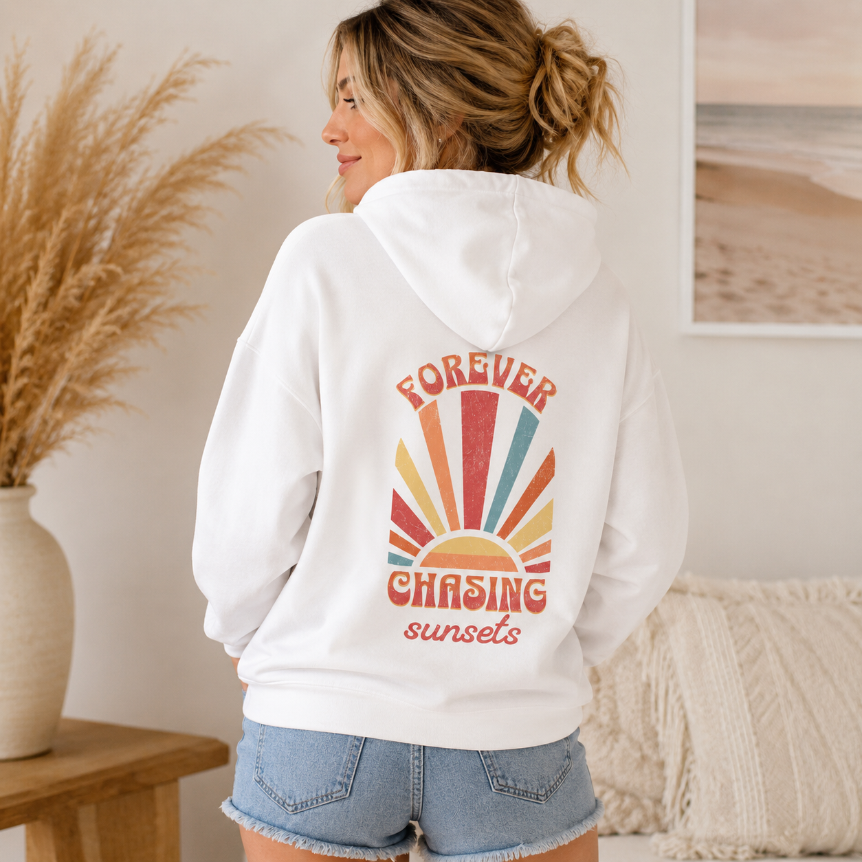 Forever Chasing Sunsets Hoodie — Retro Sunrise Graphic Hooded Sweatshirt