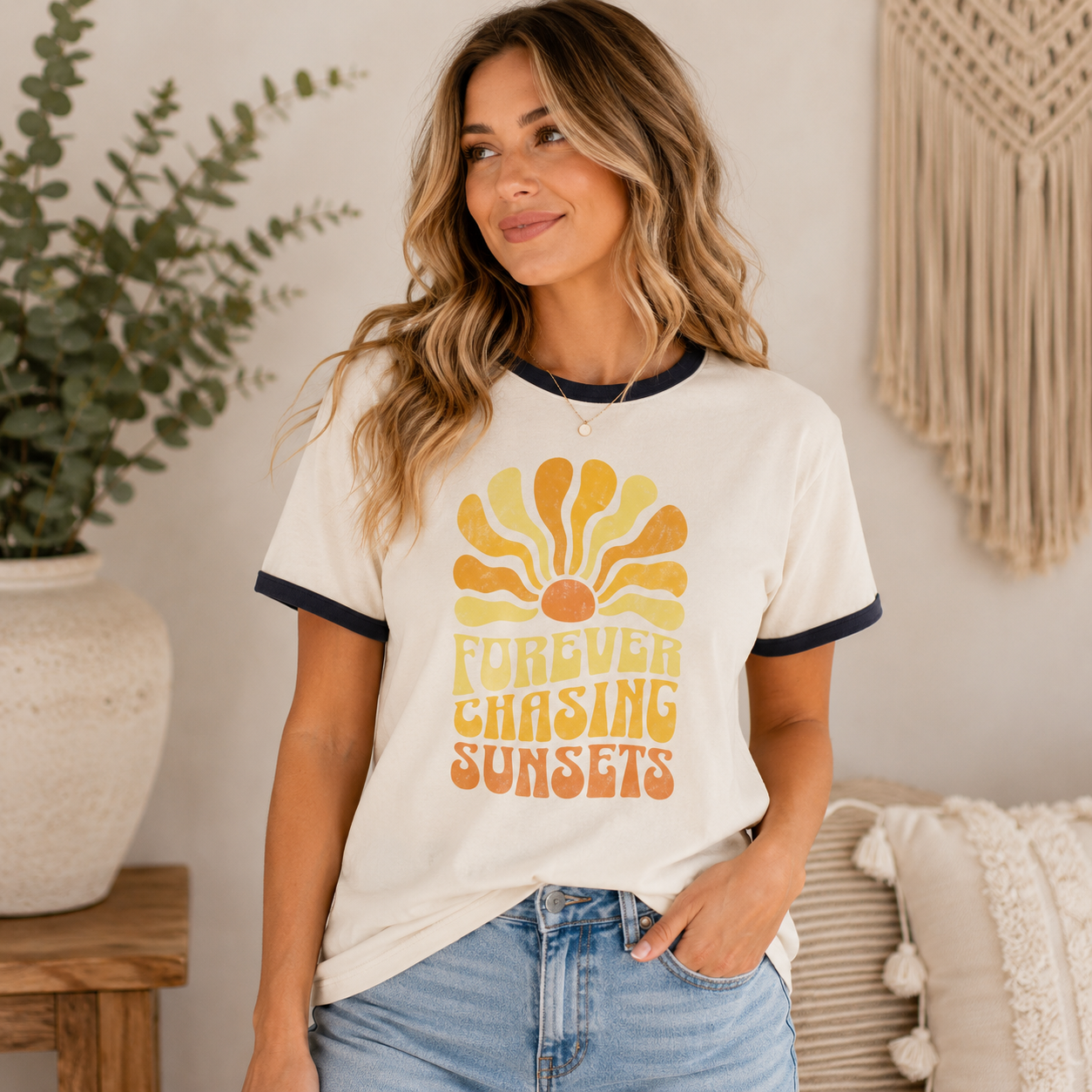 Sunset Graphic Ringer T-Shirt — "Forever Chasing Sunsets" Retro Beach Tee