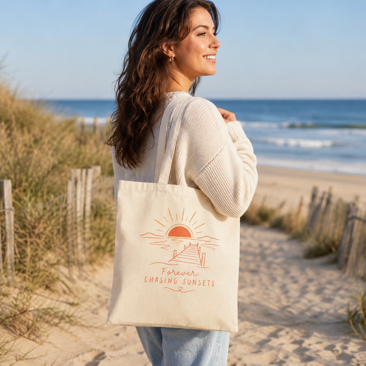 Canvas Tote Bag - "Forever Chasing Sunsets" Beach Sunset Print