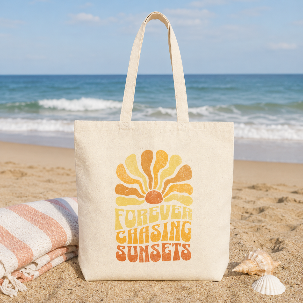 Tote Bag — "Forever Chasing Sunsets" Retro Sunset Canvas Tote