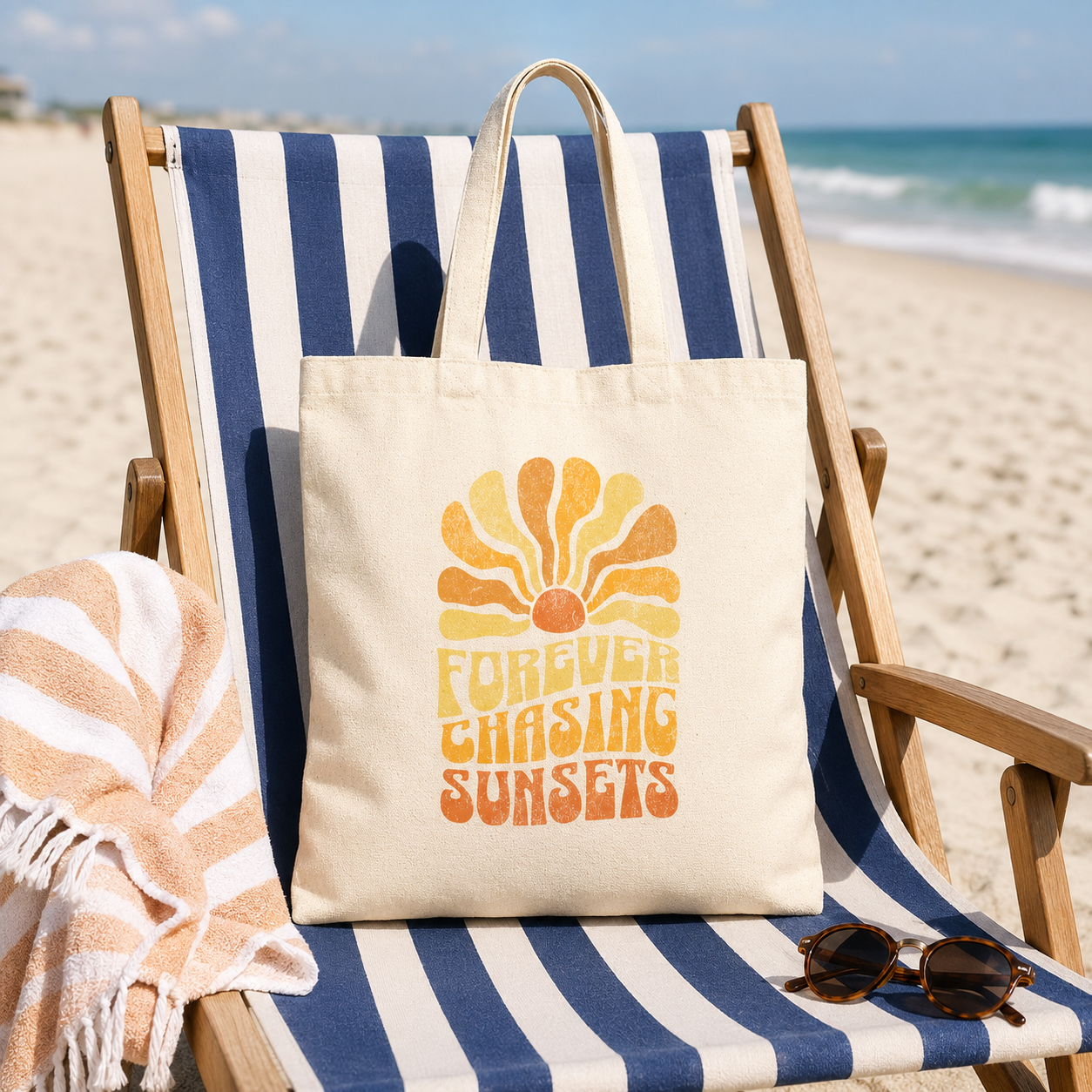 Tote Bag — "Forever Chasing Sunsets" Retro Sunset Canvas Tote