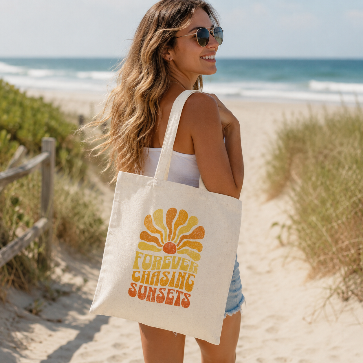 Tote Bag — "Forever Chasing Sunsets" Retro Sunset Canvas Tote