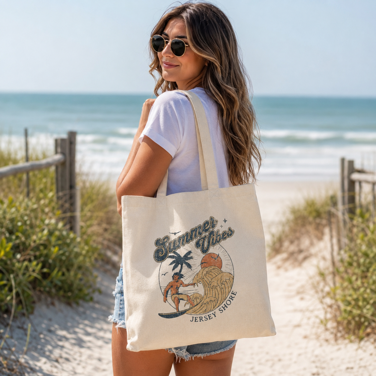 Summer Vibes Tote Bag – Jersey Shore Retro Surf Canvas Tote