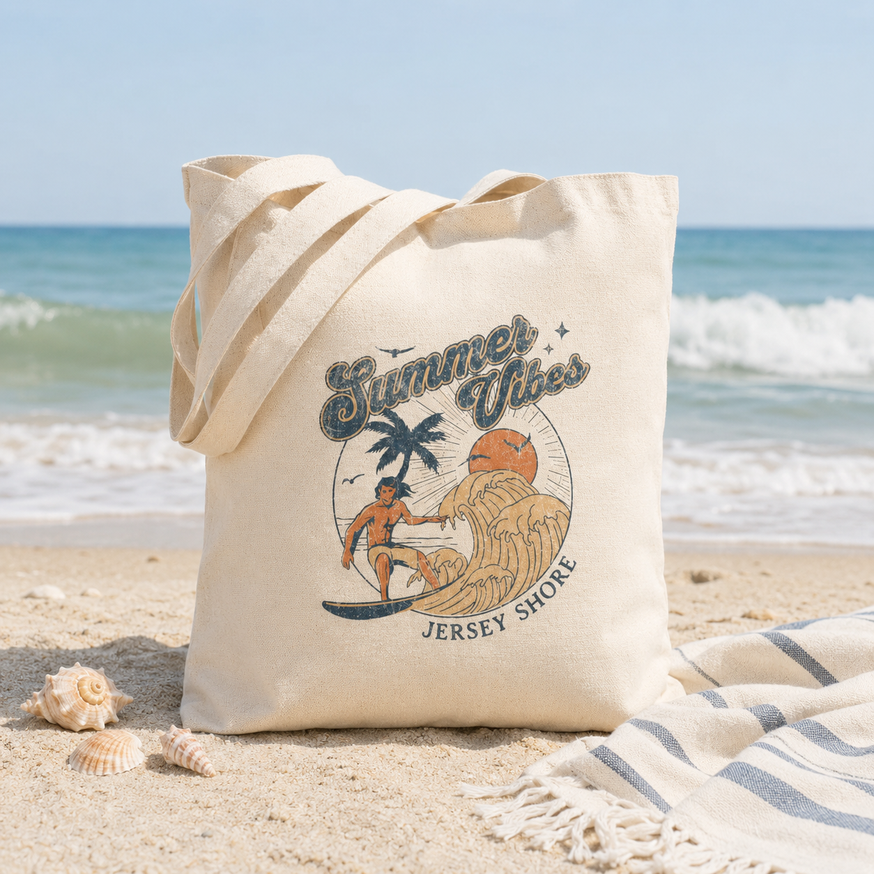Summer Vibes Tote Bag – Jersey Shore Retro Surf Canvas Tote