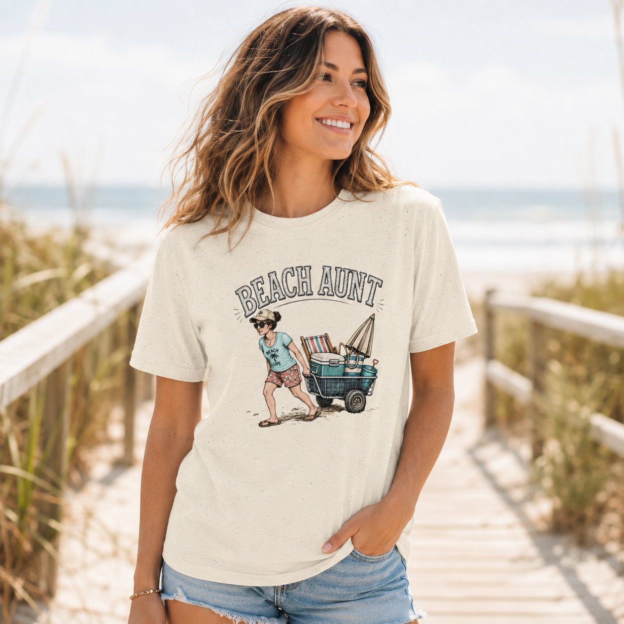 Beach Aunt T-Shirt — Vintage Beach Cart Graphic Tee for Fun Family Vacations
