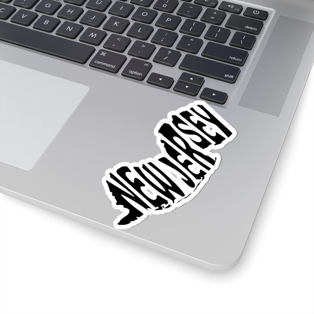 New Jersey State Outline Sticker — Black Typographic Kiss-Cut Sticker